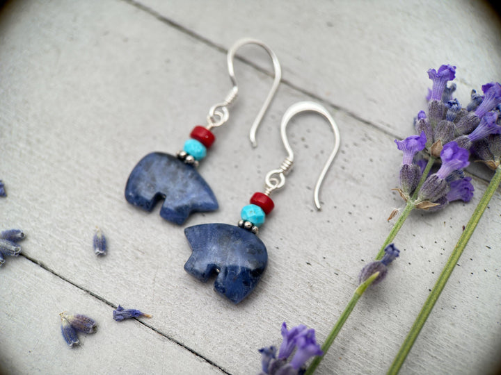 Zuni Bear Sodalite Earrings - Red Coral and Blue Turquoise Accents - Native American Fetish - Solid 925 Sterling Silver - Limited Edition - SunlightSilver