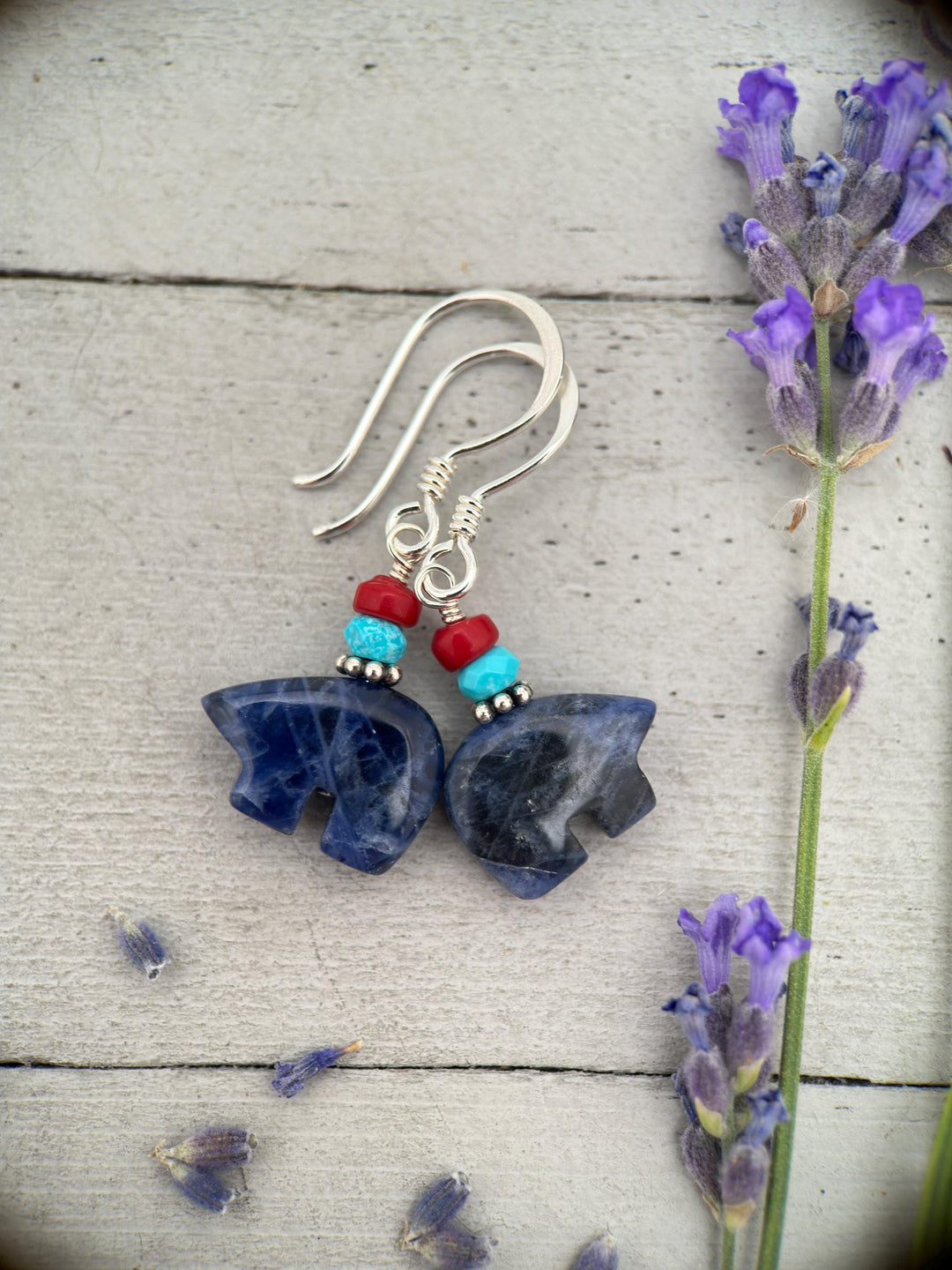 Zuni Bear Sodalite Earrings - Red Coral and Blue Turquoise Accents - Native American Fetish - Solid 925 Sterling Silver - Limited Edition - SunlightSilver