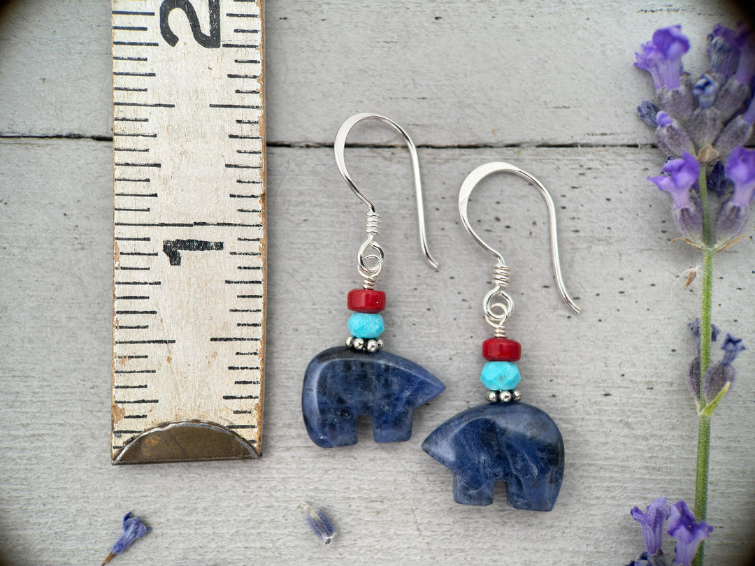 Zuni Bear Sodalite Earrings - Red Coral and Blue Turquoise Accents - Native American Fetish - Solid 925 Sterling Silver - Limited Edition - SunlightSilver