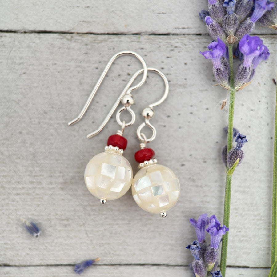 Mosaic Mother of Pearl Earrings - White Shell and Red Coral - Sterling Silver - Mosaic Mirrorball - SunlightSilver