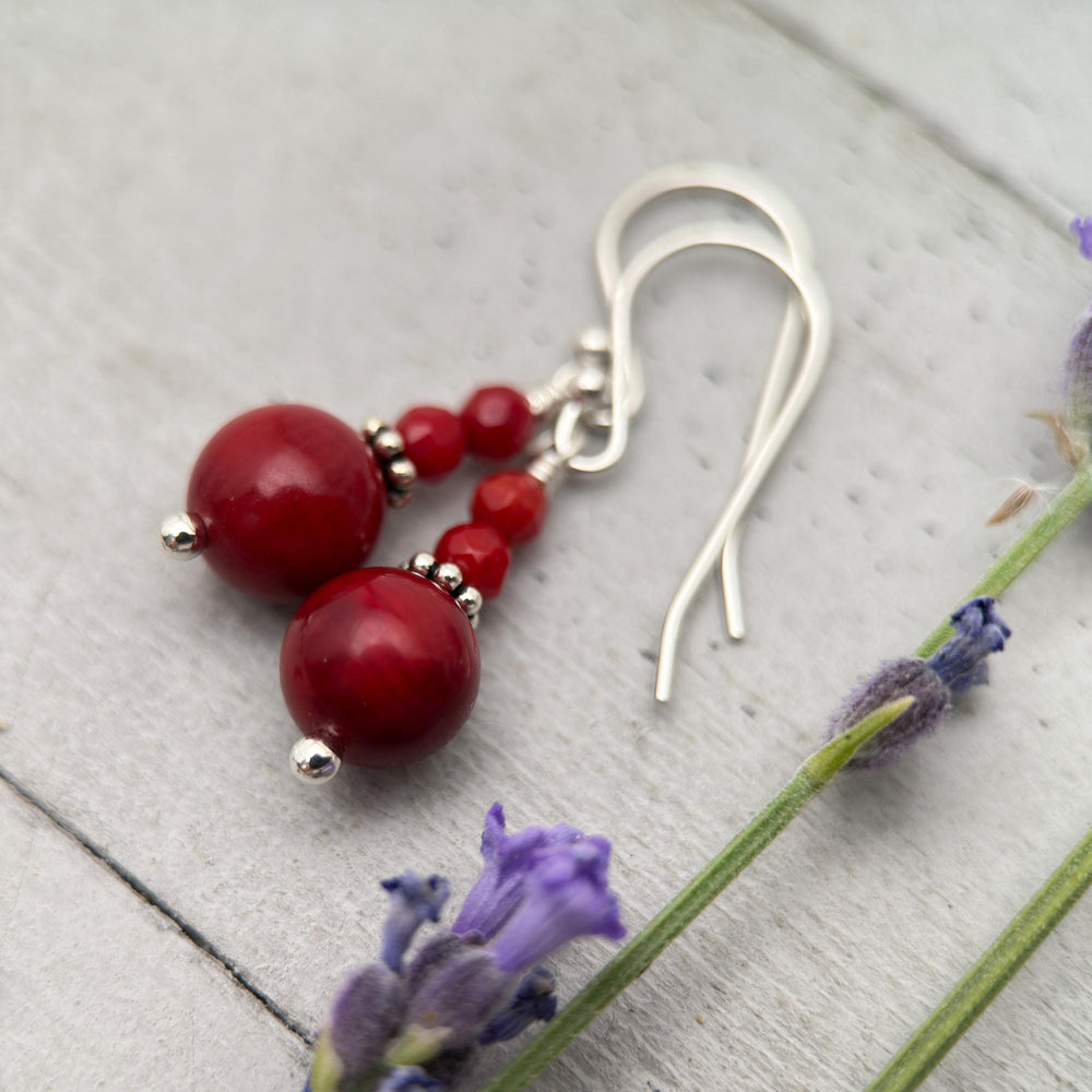 Red Coral and Sterling Silver Earrings - Bold Crimson Red Dangle Earrings - SunlightSilver