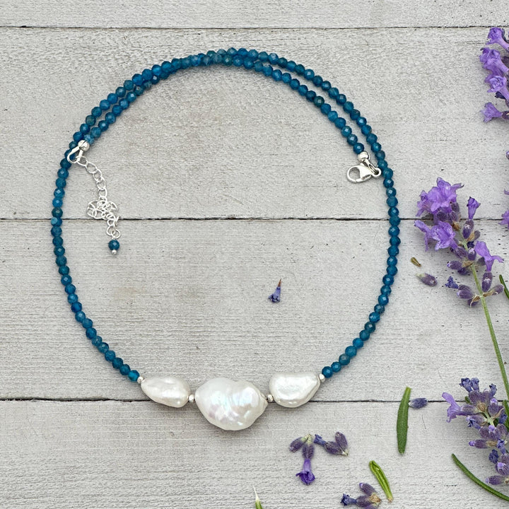Apatite, Baroque Pearl and solid 925 Sterling Silver Necklace - Ocean Inspired Jewelry - Navy Blue and White - SunlightSilver