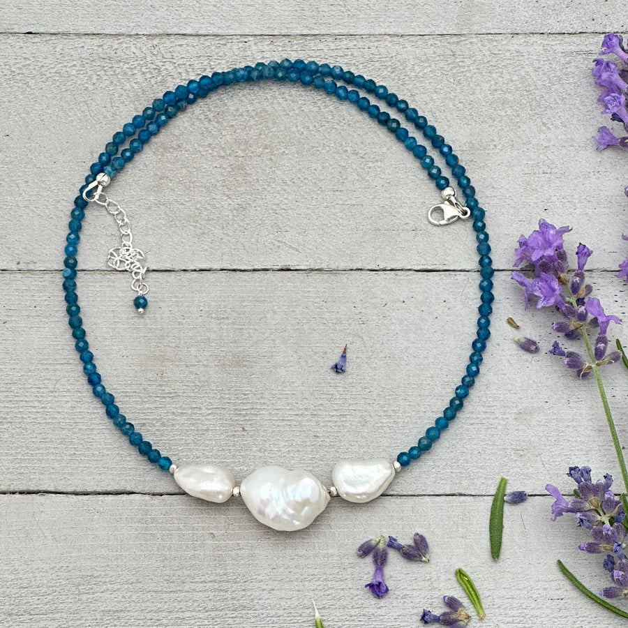 Apatite, Baroque Pearl and solid 925 Sterling Silver Necklace - Ocean Inspired Jewelry - Navy Blue and White - SunlightSilver