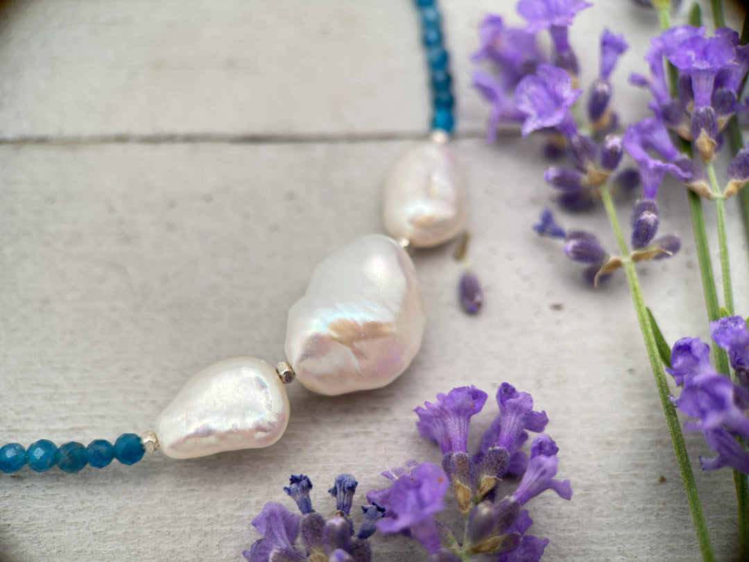 Apatite, Baroque Pearl and solid 925 Sterling Silver Necklace - Ocean Inspired Jewelry - Navy Blue and White - SunlightSilver