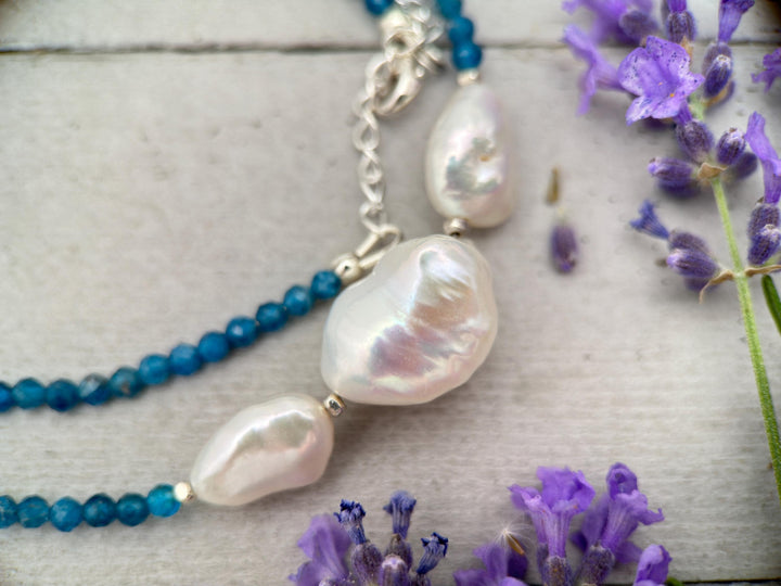 Apatite, Baroque Pearl and solid 925 Sterling Silver Necklace - Ocean Inspired Jewelry - Navy Blue and White - SunlightSilver