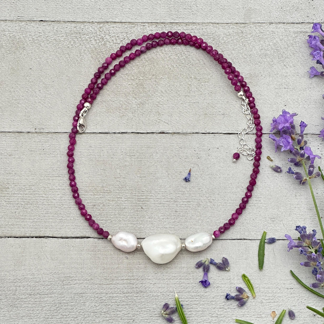 Ruby, Baroque Pearl and solid 925 Sterling Silver Necklace - July Birthstone - SunlightSilver