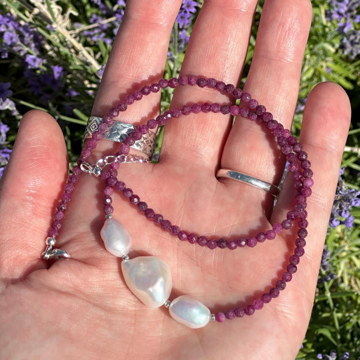 Ruby, Baroque Pearl and solid 925 Sterling Silver Necklace - July Birthstone - SunlightSilver