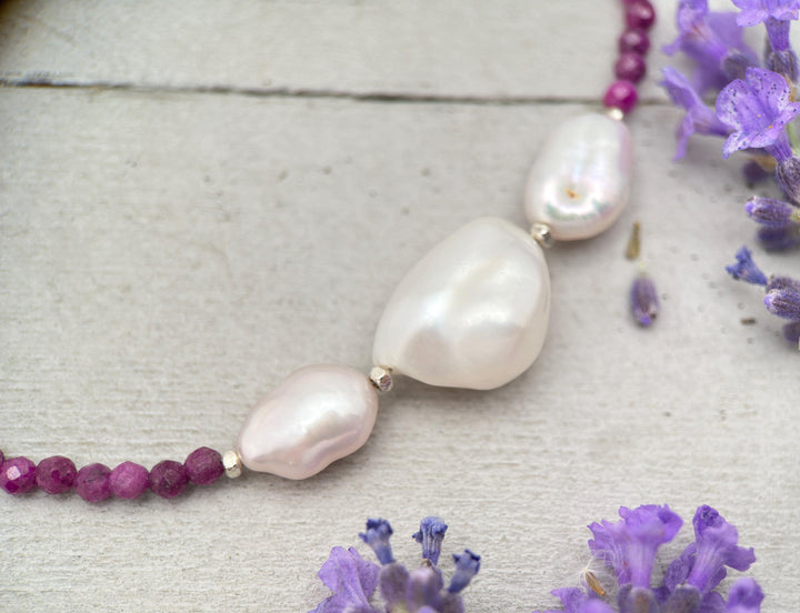 Ruby, Baroque Pearl and solid 925 Sterling Silver Necklace - July Birthstone - SunlightSilver