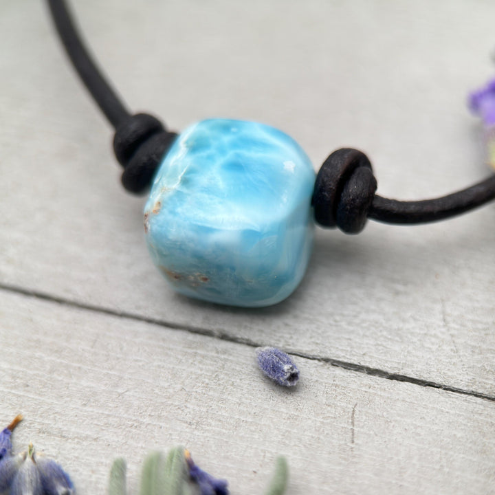 Larimar and Black Leather Choker Necklace - 18 inches - For Him or Her - SunlightSilver