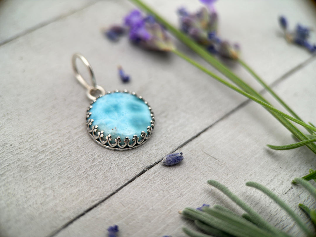 Larimar and Solid 925 Sterling Silver Silver Pendant - Layering Necklace Charm - AAA Grade Genuine Larimar - SunlightSilver