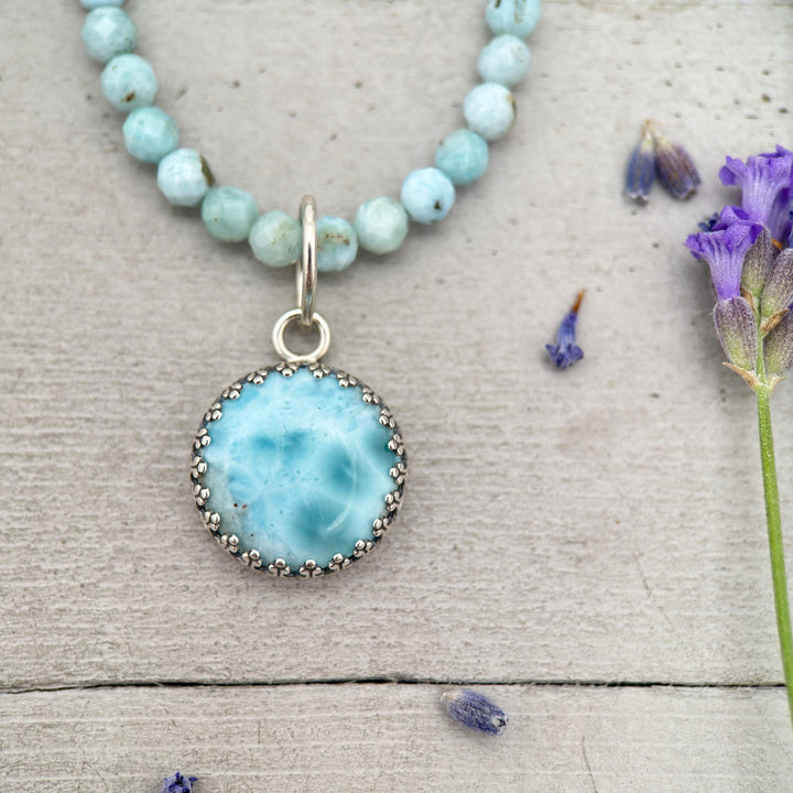 Larimar and Solid 925 Sterling Silver Silver Pendant - Layering Necklace Charm - AAA Grade Genuine Larimar - SunlightSilver