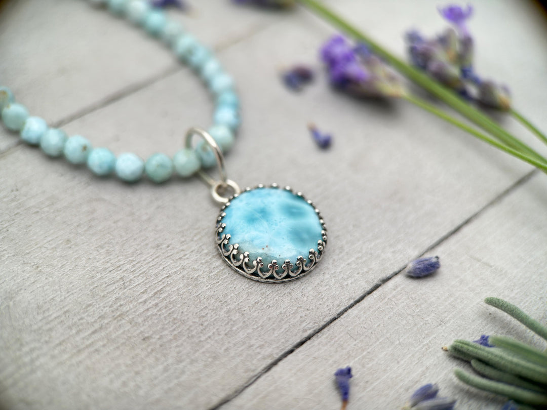 Larimar and Solid 925 Sterling Silver Silver Pendant - Layering Necklace Charm - AAA Grade Genuine Larimar - SunlightSilver
