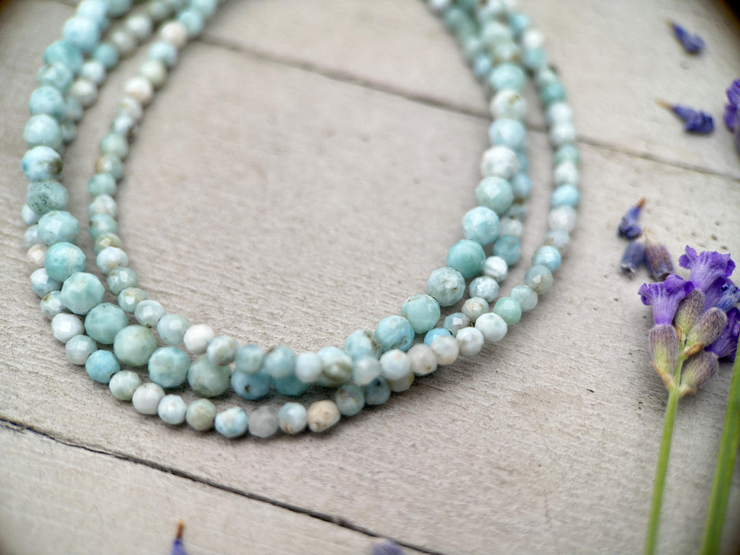Larimar and Sterling Silver Silver Bracelet - Dainty Faceted Beaded - 3 or 4mm Genuine Blue and White Larimar - SunlightSilver