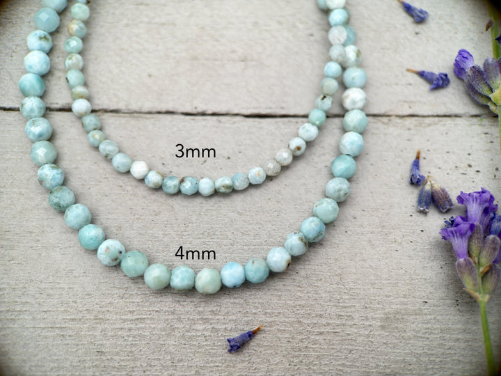 Larimar and Sterling Silver Silver Bracelet - Dainty Faceted Beaded - 3 or 4mm Genuine Blue and White Larimar - SunlightSilver