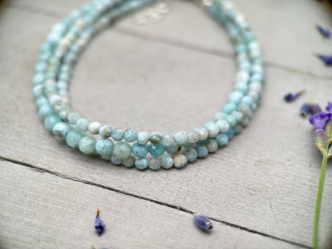 Larimar and Sterling Silver Silver Bracelet - Dainty Faceted Beaded - 3 or 4mm Genuine Blue and White Larimar - SunlightSilver