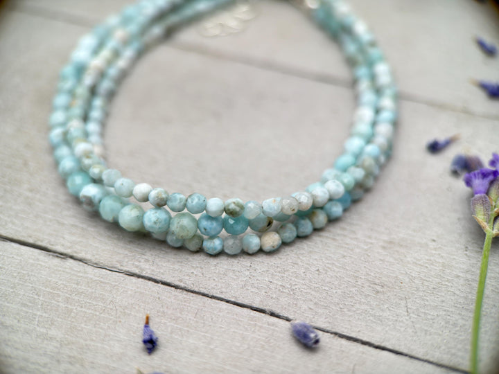 Larimar and Sterling Silver Silver Bracelet - Dainty Faceted Beaded - 3 or 4mm Genuine Blue and White Larimar - SunlightSilver