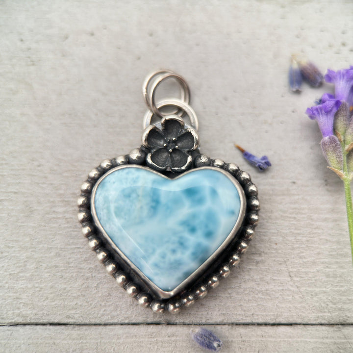 Larimar Heart Pendant Necklace - Solid 925 Sterling Silver - Floral Flower - AAA Genuine Larimar - Love Symbol - SunlightSilver