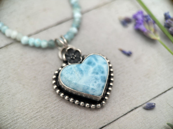 Larimar Heart Pendant Necklace - Solid 925 Sterling Silver - Floral Flower - AAA Genuine Larimar - Love Symbol - SunlightSilver