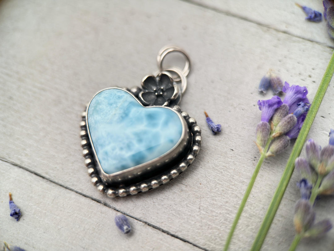 Larimar Heart Pendant Necklace - Solid 925 Sterling Silver - Floral Flower - AAA Genuine Larimar - Love Symbol - SunlightSilver