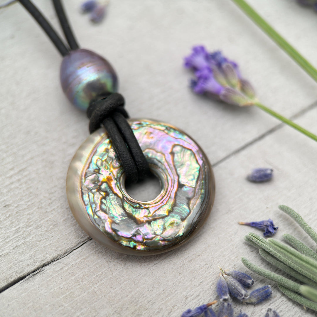 Beautiful Paua Abalone Shell, Pearl, Sterling Silver and Leather Necklace - SunlightSilver