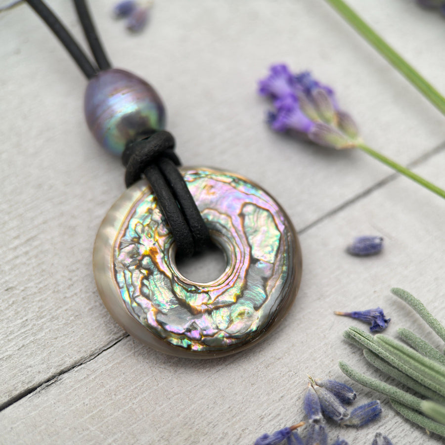 Beautiful Paua Abalone Shell, Pearl, Sterling Silver and Leather Necklace - SunlightSilver