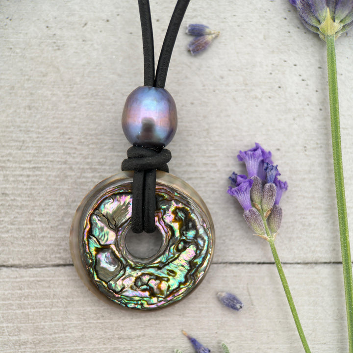 Beautiful Paua Abalone Shell, Pearl, Sterling Silver and Leather Necklace - SunlightSilver