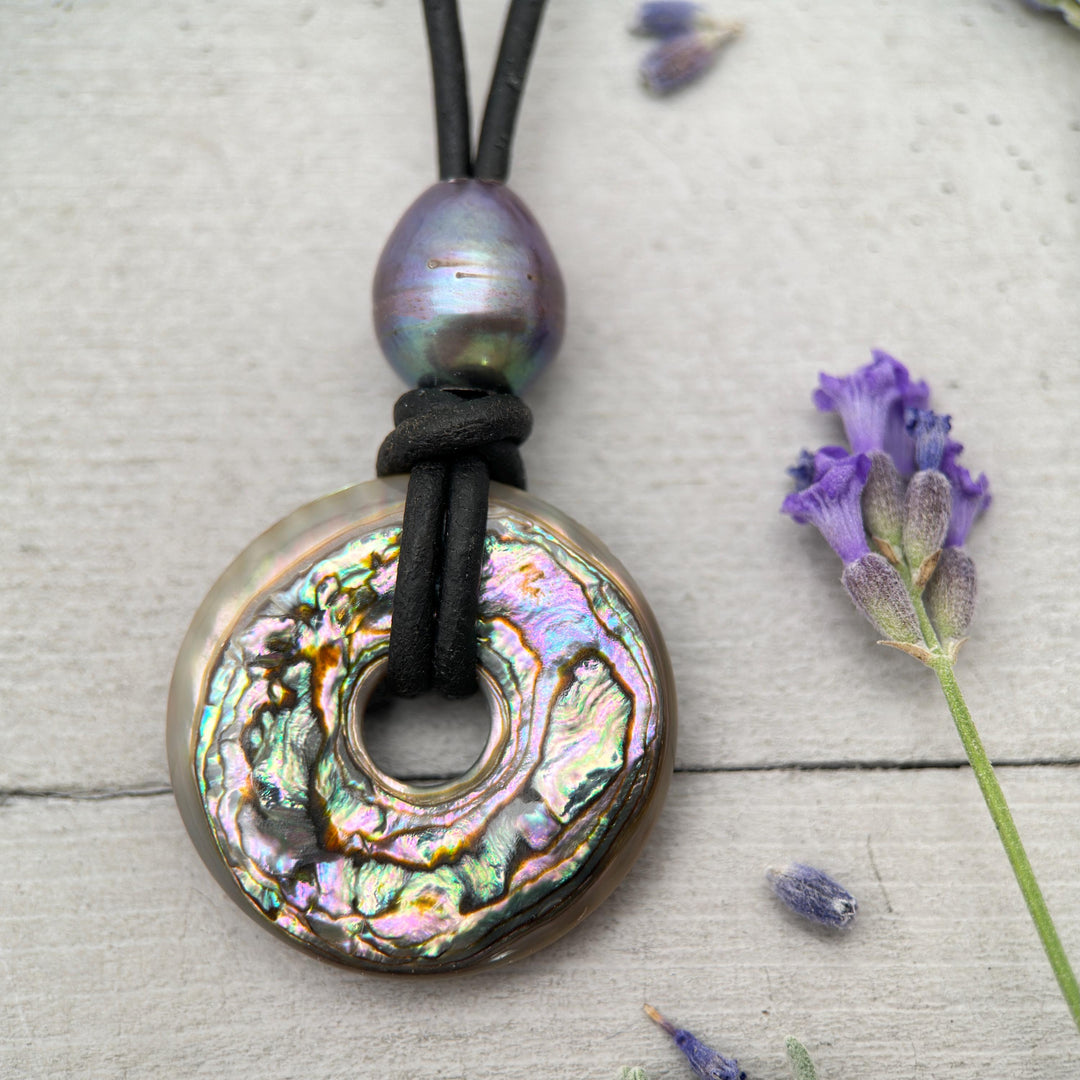 Beautiful Paua Abalone Shell, Pearl, Sterling Silver and Leather Necklace - SunlightSilver