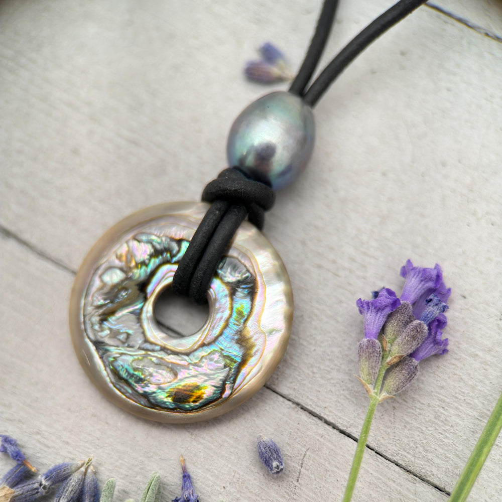 Beautiful Paua Abalone Shell, Pearl, Sterling Silver and Leather Necklace - SunlightSilver