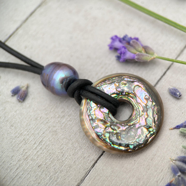 Beautiful Paua Abalone Shell, Pearl, Sterling Silver and Leather Necklace - SunlightSilver
