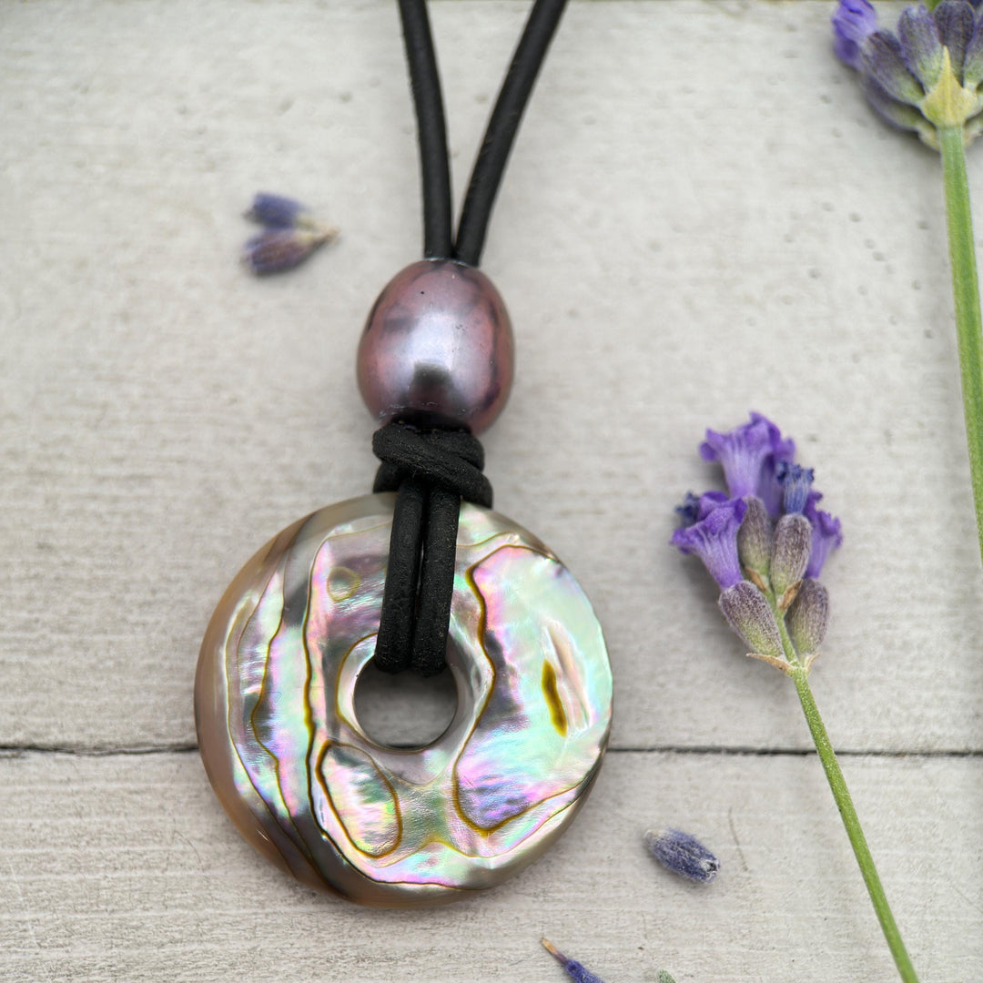 Beautiful Paua Abalone Shell, Pearl, Sterling Silver and Leather Necklace - SunlightSilver