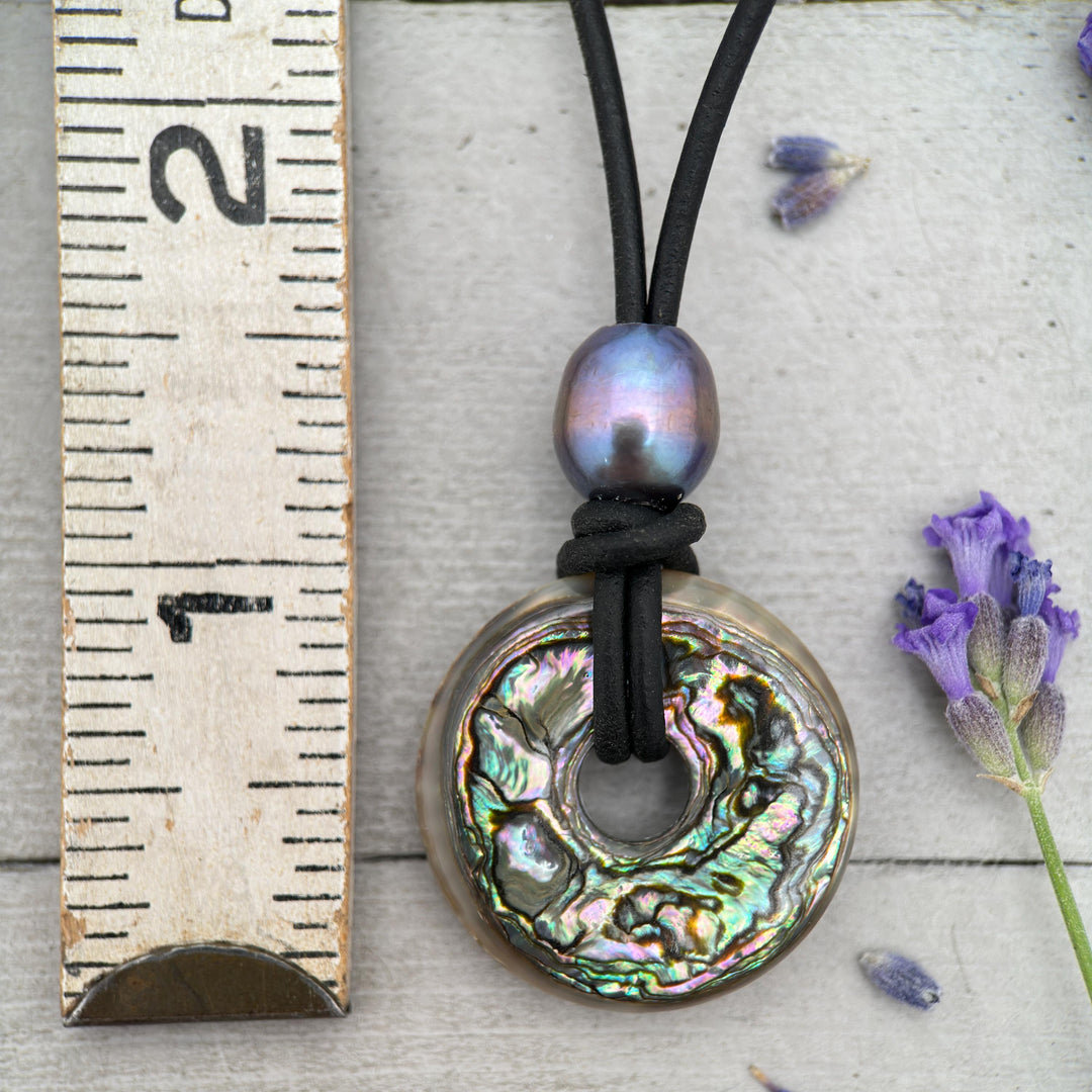 Beautiful Paua Abalone Shell, Pearl, Sterling Silver and Leather Necklace - SunlightSilver