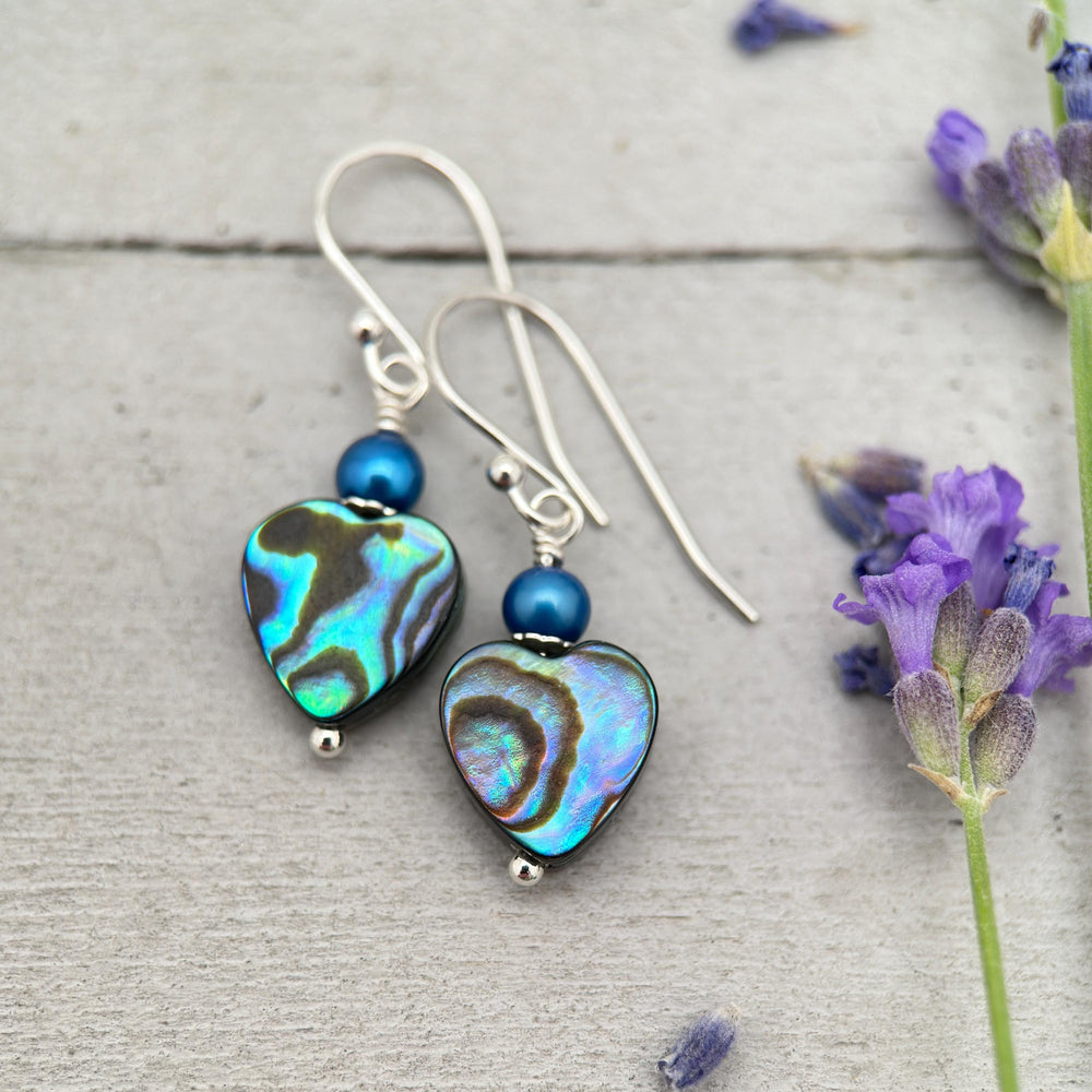 Paua Abalone Shell Heart Earrings – Sterling Silver Ocean Jewelry – Rainbow Shell Freshwater Pearls – Boho Beach Gift for Her – Handmade - SunlightSilver