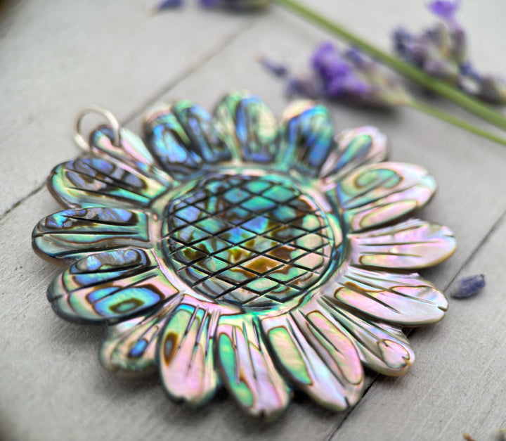 Peacock Abalone Paua Shell Flower Pendant Necklace – Solid 925 Sterling Silver – Large 2 Inch - Rainbow Colorful Carved Daisy - Coastal Boho - SunlightSilver
