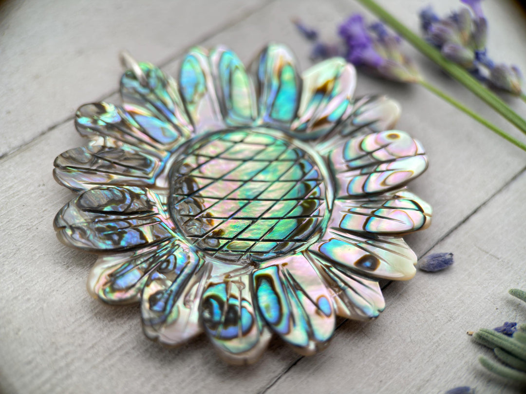 Peacock Abalone Paua Shell Flower Pendant Necklace – Solid 925 Sterling Silver – Large 2 Inch - Rainbow Colorful Carved Daisy - Coastal Boho - SunlightSilver
