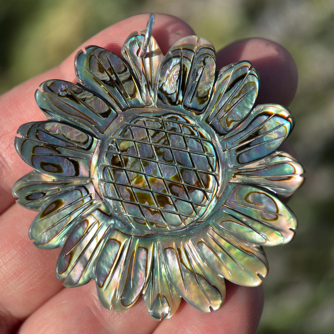 Peacock Abalone Paua Shell Flower Pendant Necklace – Solid 925 Sterling Silver – Large 2 Inch - Rainbow Colorful Carved Daisy - Coastal Boho - SunlightSilver
