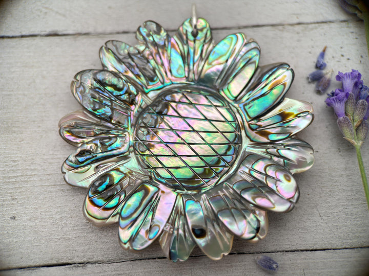 Peacock Abalone Paua Shell Flower Pendant Necklace – Solid 925 Sterling Silver – Large 2 Inch - Rainbow Colorful Carved Daisy - Coastal Boho - SunlightSilver
