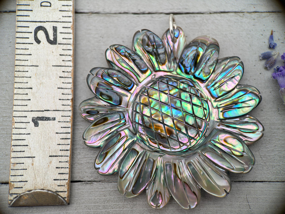 Peacock Abalone Paua Shell Flower Pendant Necklace – Solid 925 Sterling Silver – Large 2 Inch - Rainbow Colorful Carved Daisy - Coastal Boho - SunlightSilver