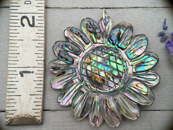 Peacock Abalone Paua Shell Flower Pendant Necklace – Solid 925 Sterling Silver – Large 2 Inch - Rainbow Colorful Carved Daisy - Coastal Boho - SunlightSilver