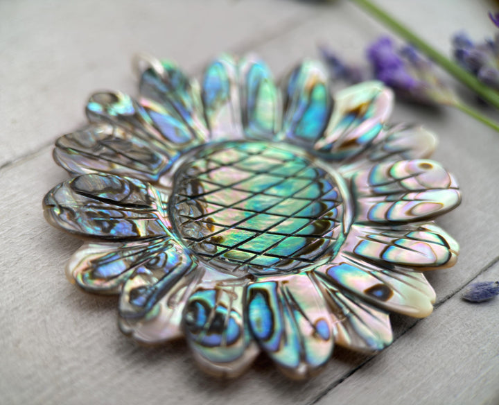 Peacock Abalone Paua Shell Flower Pendant Necklace – Solid 925 Sterling Silver – Large 2 Inch - Rainbow Colorful Carved Daisy - Coastal Boho - SunlightSilver