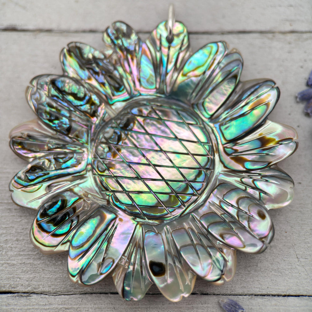 Peacock Abalone Paua Shell Flower Pendant Necklace – Solid 925 Sterling Silver – Large 2 Inch - Rainbow Colorful Carved Daisy - Coastal Boho - SunlightSilver