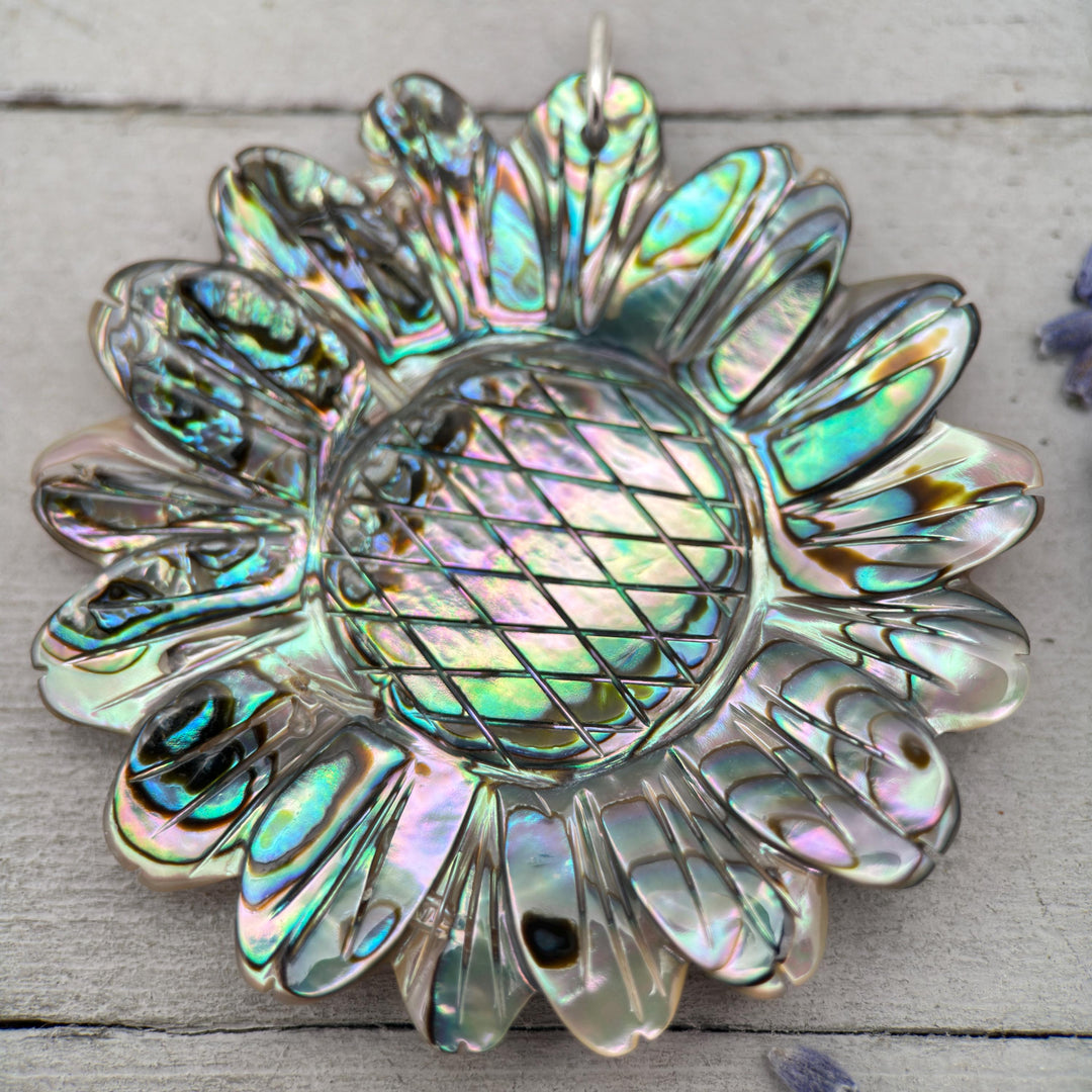 Peacock Abalone Paua Shell Flower Pendant Necklace – Solid 925 Sterling Silver – Large 2 Inch - Rainbow Colorful Carved Daisy - Coastal Boho - SunlightSilver