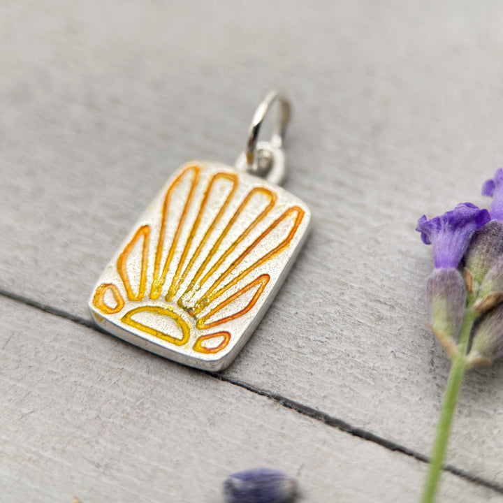 Fine Silver Sunrise Sunset Pendant – Small Sun Necklace – Summer Ombre Yellow Orange Stamped Design – Handmade Jewelry – Gift for Her - - SunlightSilver