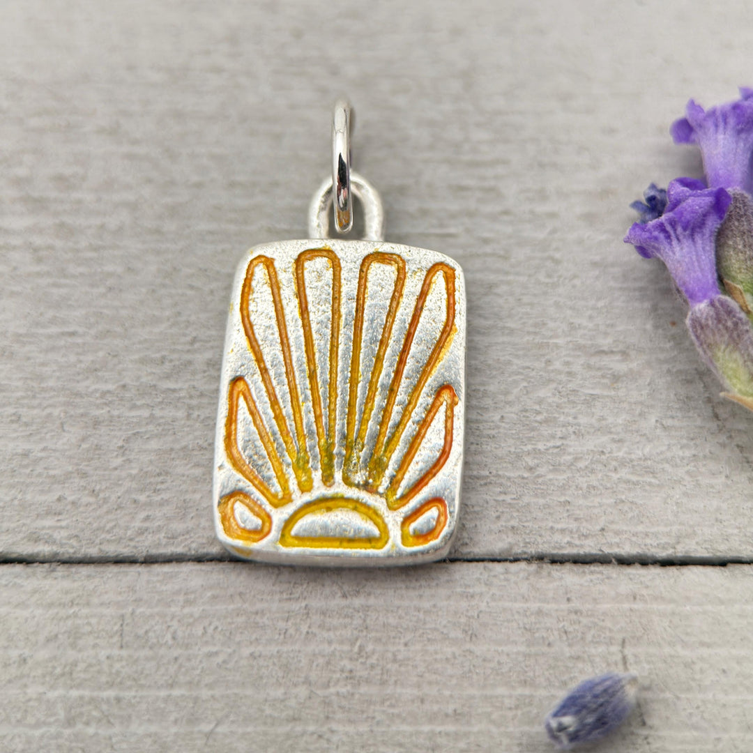 Fine Silver Sunrise Sunset Pendant – Small Sun Necklace – Summer Ombre Yellow Orange Stamped Design – Handmade Jewelry – Gift for Her - - SunlightSilver