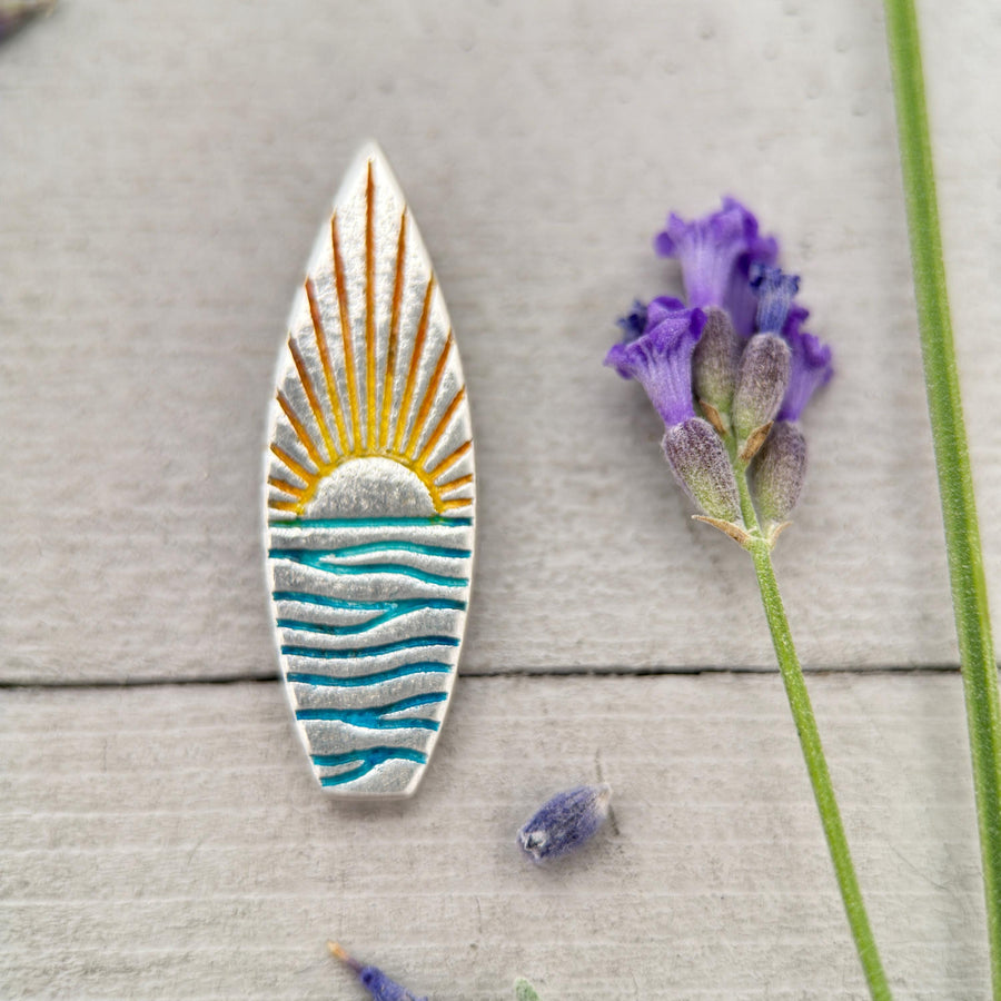 Fine Silver Surfboard Pendant – Sunrise Sunset Ocean Necklace – Ombre Blue & Yellow – Beach Jewelry – Handmade Gift for Ocean Lovers Surfers - SunlightSilver