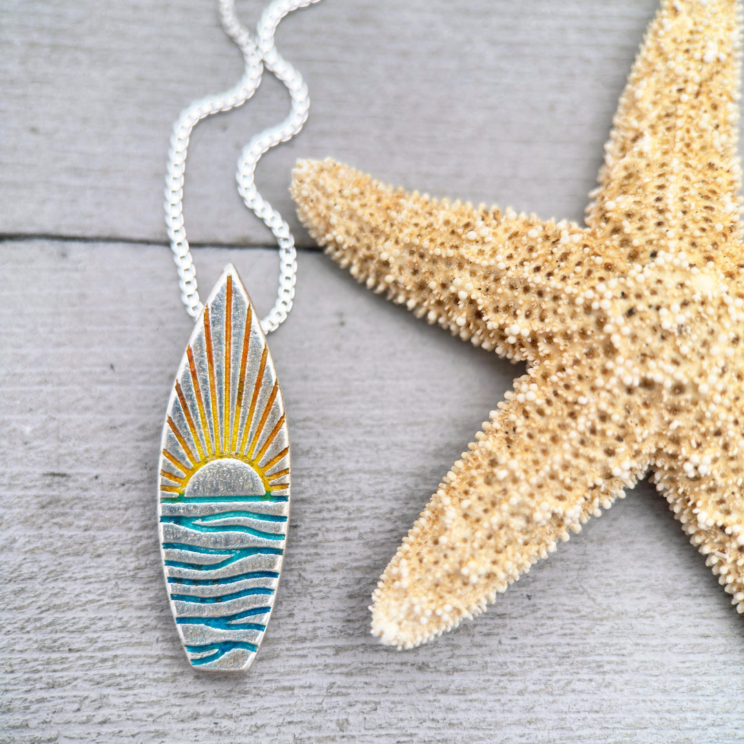 Fine Silver Surfboard Pendant – Sunrise Sunset Ocean Necklace – Ombre Blue & Yellow – Beach Jewelry – Handmade Gift for Ocean Lovers Surfers - SunlightSilver