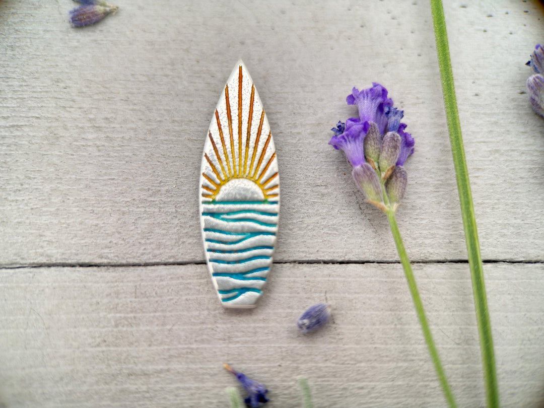 Fine Silver Surfboard Pendant – Sunrise Sunset Ocean Necklace – Ombre Blue & Yellow – Beach Jewelry – Handmade Gift for Ocean Lovers Surfers - SunlightSilver