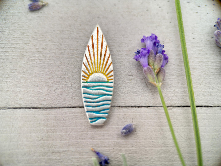 Fine Silver Surfboard Pendant – Sunrise Sunset Ocean Necklace – Ombre Blue & Yellow – Beach Jewelry – Handmade Gift for Ocean Lovers Surfers - SunlightSilver