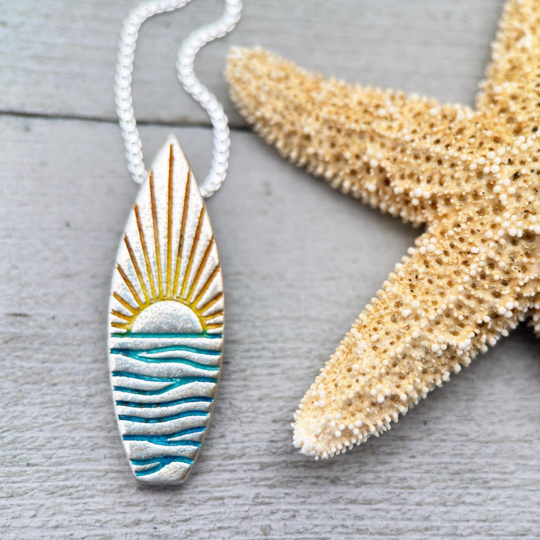 Fine Silver Surfboard Pendant – Sunrise Sunset Ocean Necklace – Ombre Blue & Yellow – Beach Jewelry – Handmade Gift for Ocean Lovers Surfers - SunlightSilver