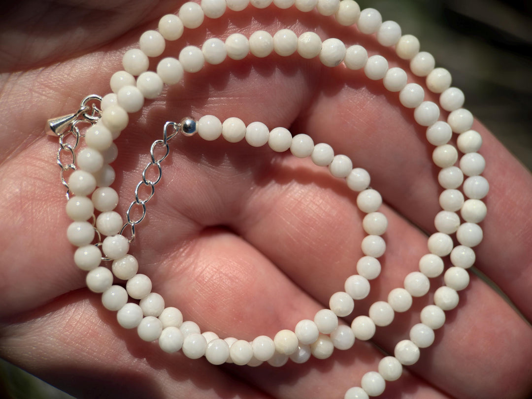 White Coral Beaded Necklace - Solid 925 Sterling Silver - Adjustable 16 to 18 inches - SunlightSilver