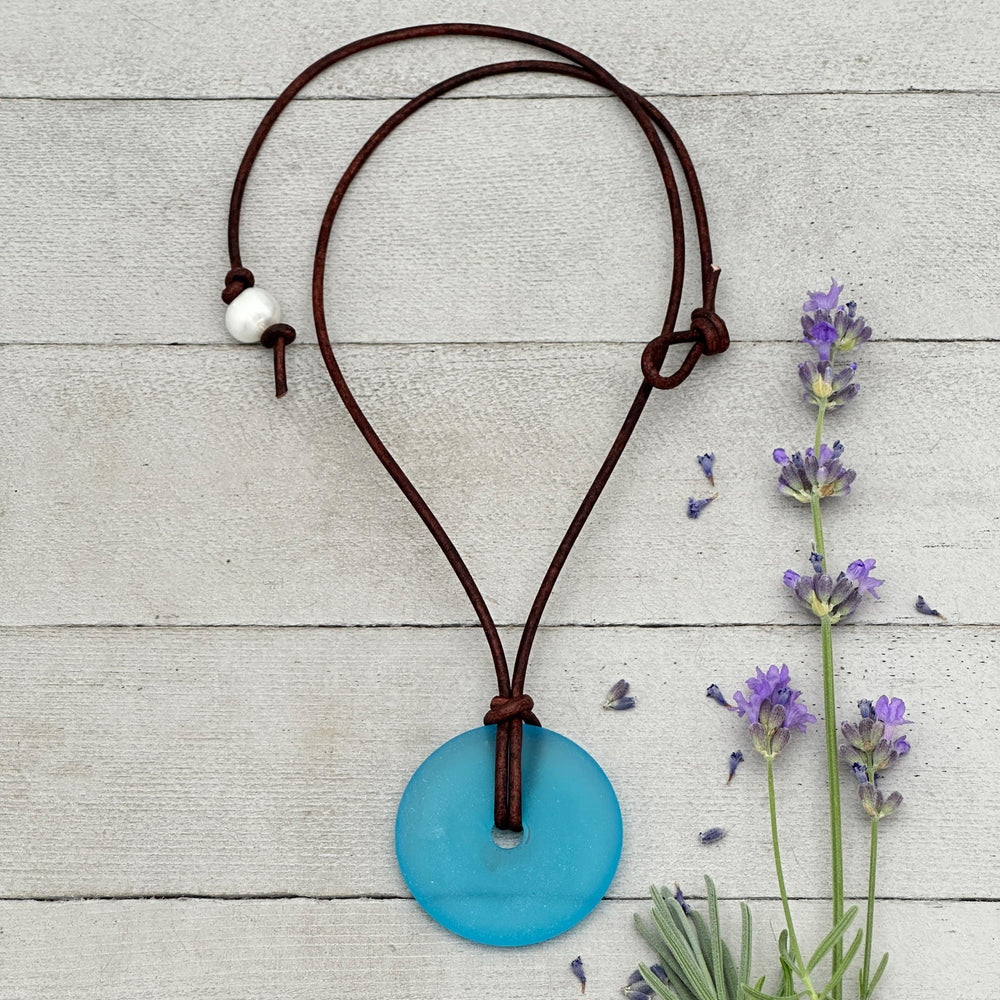 Aqua Blue Glass Necklace - Cultured Faux "Sea Glass" Donut - Rustic Brown Leather - Turquoise Ocean Sky Blue - Tropical Island Beach Vibes - SunlightSilver